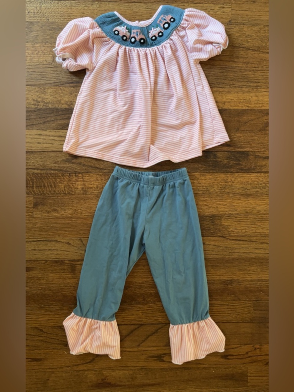 Trendy Toddler Girls Pink Striped Smocked Tractor Top with Blue Ruffle Pants, 3T